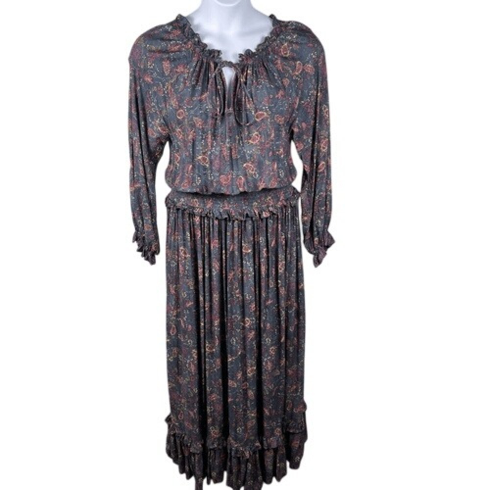 The Fox and The Mermaid Amankila Paisley Ruffle Hemโ Maxi Dress Gray Blue L XL